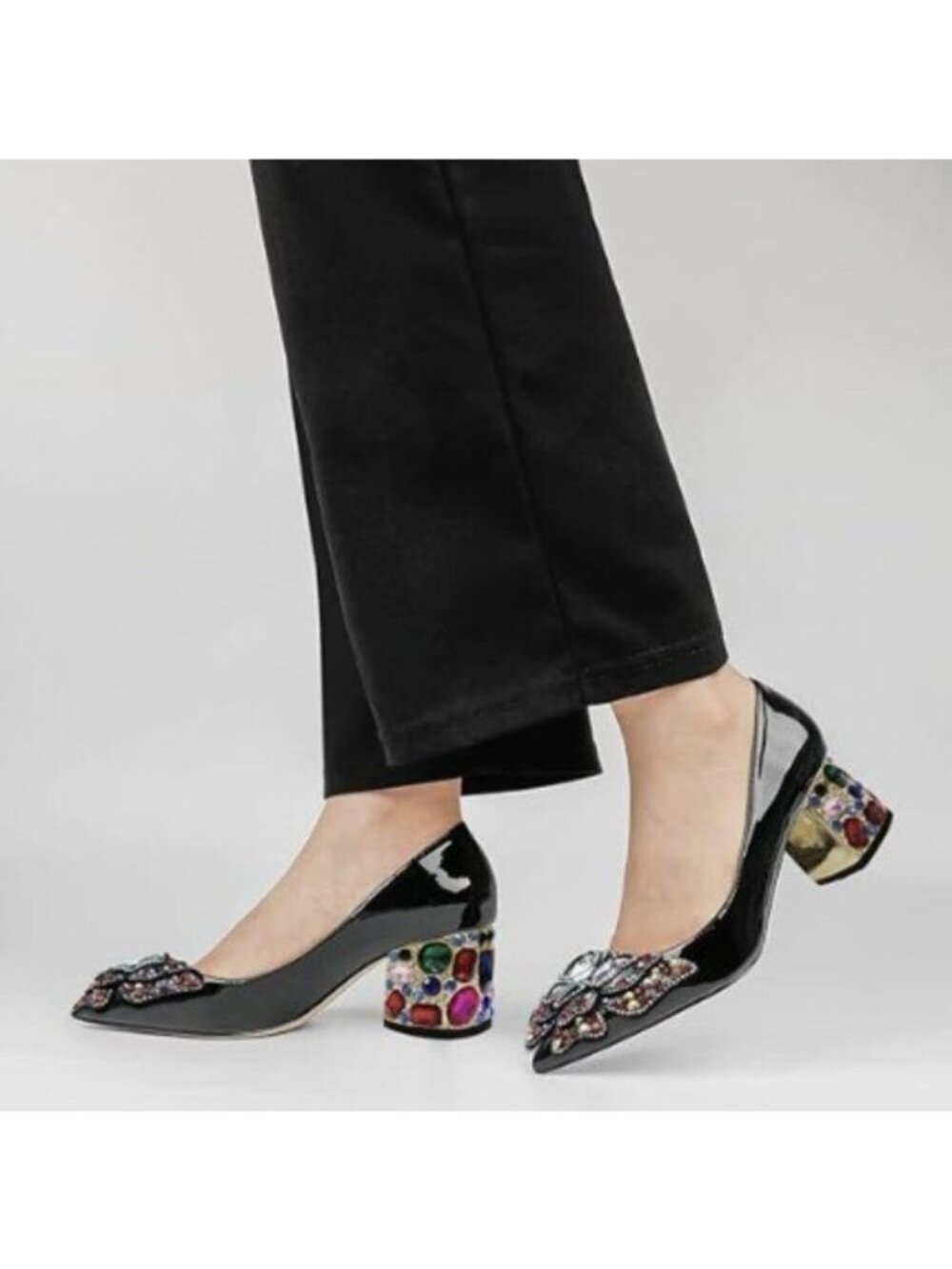 YDN Women Pointed Toe Bow Pump  Rhinestone Block Low Heel Butterfly Black Shoes